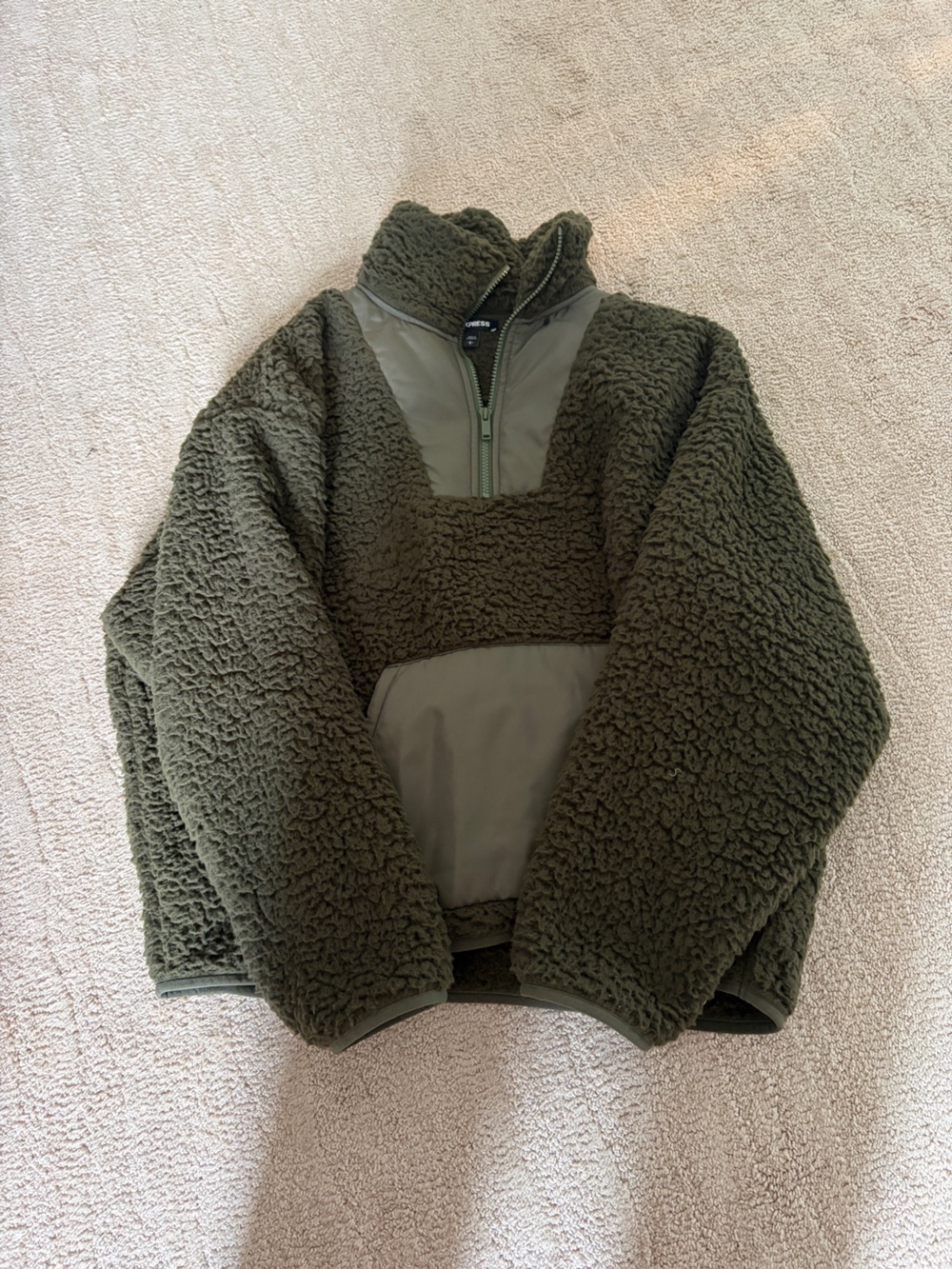 Express Olive Green Teddy Sherpa Half-Zip Jacket